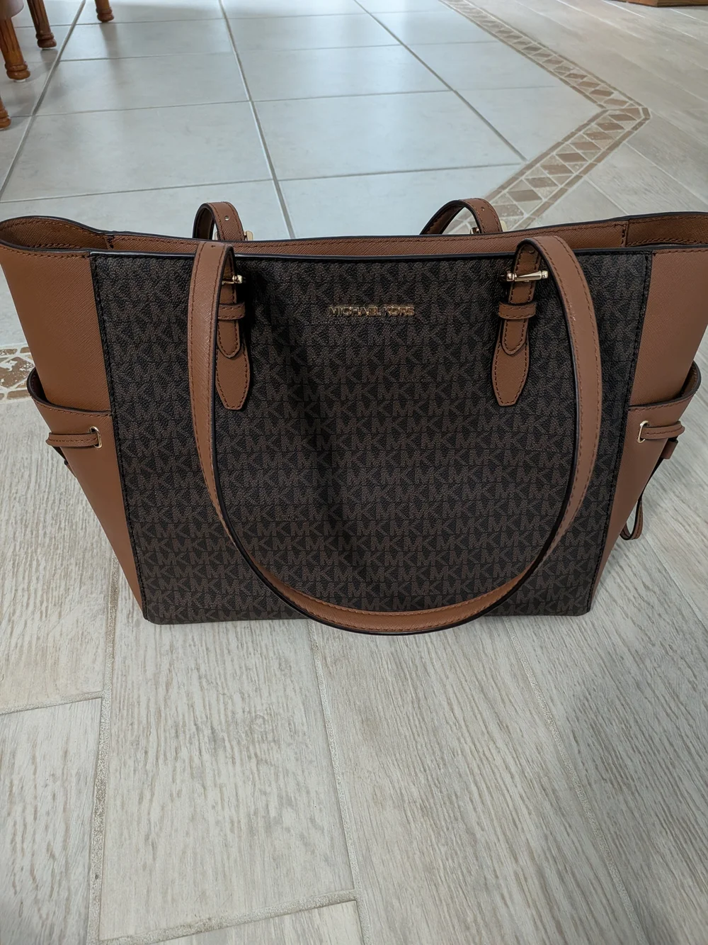 Michael Kors Brown and Dark Brown MK Logo Tote Shoulder Bag